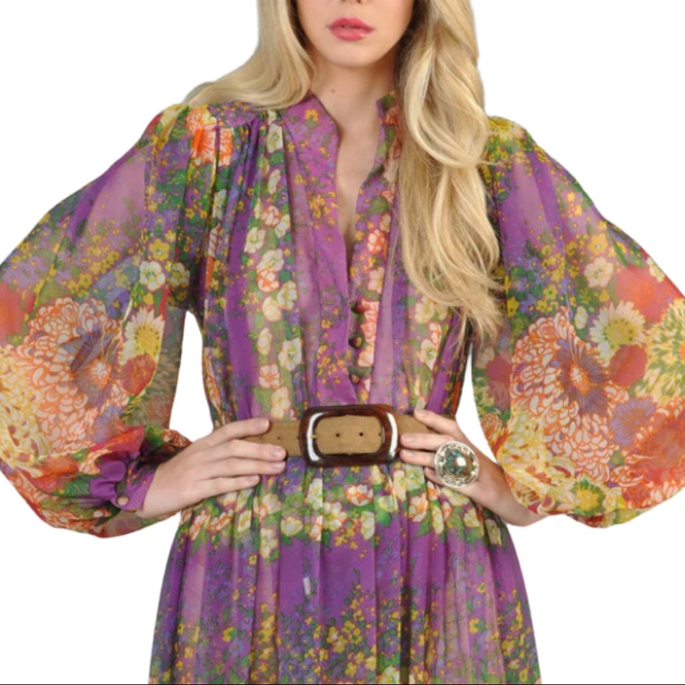 Victor Costa Vintage Statement Mixed Floral Sheer Belted Maxi Dress